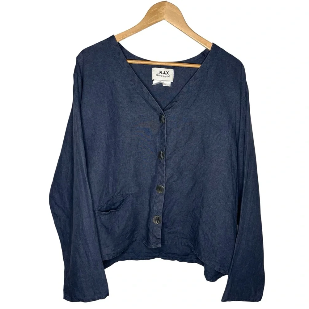 Flax by Jeanne Engelhart Navy Linen Cropped Button Down Cardigan Jacket Top - Picture 1 of 7
